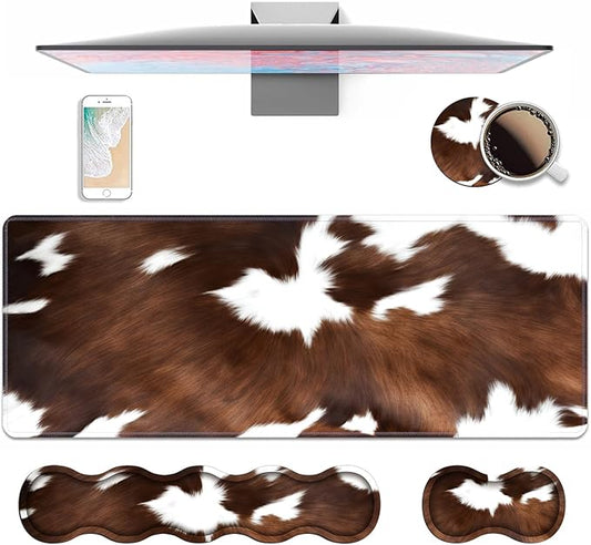 4 in 1 Ergonomic Keyboard Wrist Rest & Mouse Pad Wrist Rest Set, Large XXL Gaming Desk Mat 31.5"x 11.8" with Non-Slip Base, Memory Foam for Home Office Study Gaming, Brown Black Cow Print