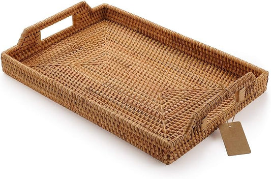 Hand-Woven Rattan Rectangular Serving Tray with Handles for Breakfast, Drinks, Snack for Coffee Table (17x11.4x1.8inches)