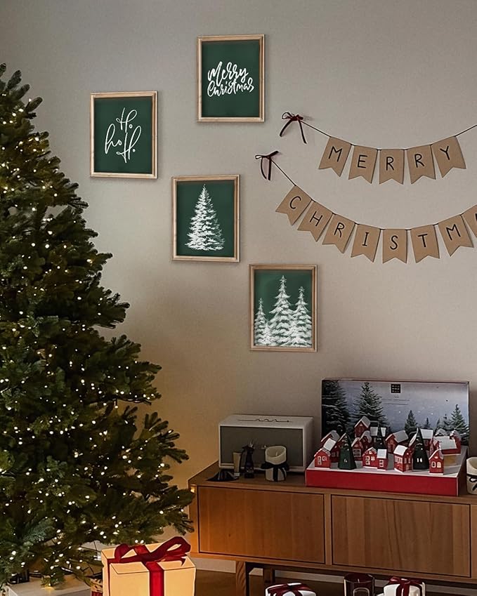 Wheatwin Vintage Christmas Green Wall Art Prints Set of 4, Merry Christmas Sign Decor Wall Art Poster Decorations for Bathroom Living Room Bedroom, 12x16 (Unframed)