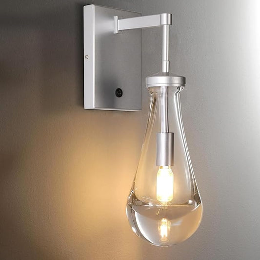 HuisMier Nickel Wall Sconces, Modern Raindrop Wall Sconce with On Off Switch, Clear Glass Wall Mounted Lamp Indoor Vanity Light Fixtures for Bathroom Bedroom Hallway Living Room, Hardwired