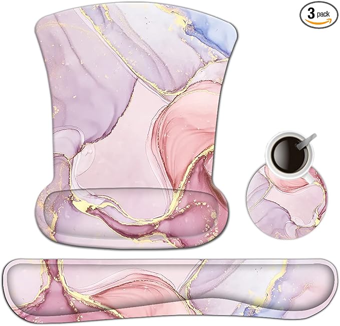 AIMSA Ergonomic Keyboard Wrist Rest and Mouse Pad with Wrist Support Set, Memory Foam Non-Slip Rubber Base, for Home, Office, Easy Typing, Pain Relief, Pink Purple Marble