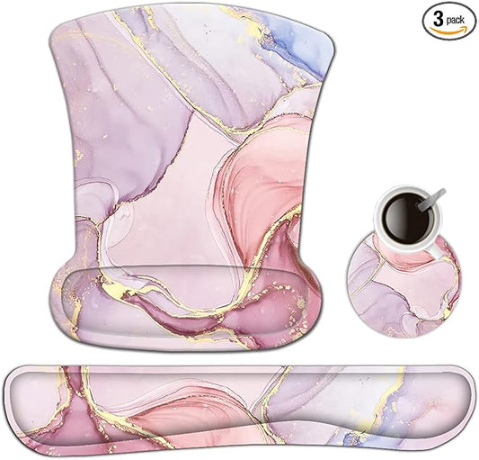 AIMSA Ergonomic Keyboard Wrist Rest and Mouse Pad with Wrist Support Set, Memory Foam Non-Slip Rubber Base, for Home, Office, Easy Typing, Pain Relief, Pink Purple Marble