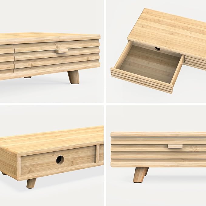 Bamboo Monitor Stand with Drawer - Desk Organizer with Cable Management & Storage, Ergonomic Laptop Riser for Home Office (220lbs Capacity, 24 inch ,Natural)