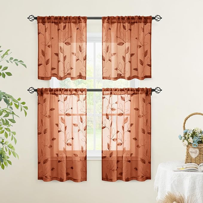 HOMEIDEAS Fall Burnt Orange Sheer Kitchen Curtains 30 X 36 Inch Length 2 Panels Embroidered Leaf Pattern Short Curtains for Small Window Valance Tiers