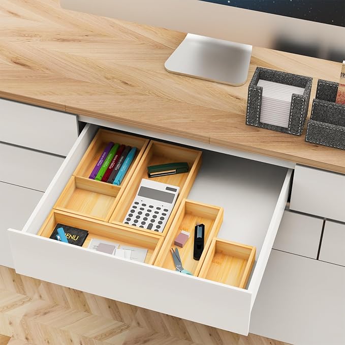 Bamboo Drawer Organizer Set, 5-PCS Adjustable Kitchen & Office Drawer Organizers, Multipurpose Storage Trays for Utensils, Makeup, Jewelry, Bathroom & Desk Accessories