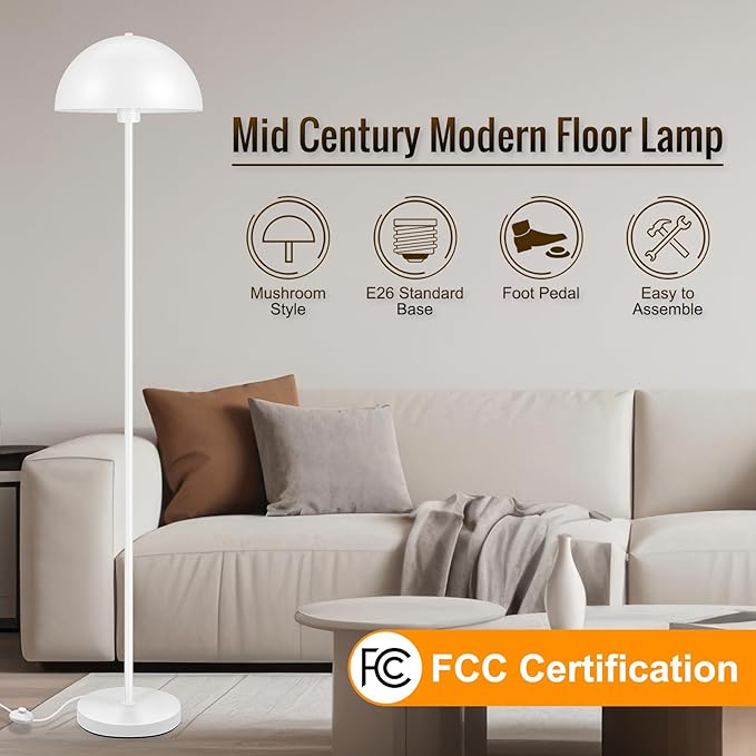 Floor Lamp for Bedroom Modern, Lamp with Mushroom Lampshade, 65.5" Tall Floor Lamp, E26 Base, Footswitch, ETL Listed, Industrial Standing Lamps for Living Room Nursery, Mid Century Home Decor, White