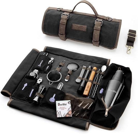 Barillio Bartender Kit Bag with Black Cocktail Shaker Set - Waxed Canvas, Traveling Bar Tools Bag with 17-Pc Cocktail Kit - Travel Mixology Bartending Kits - Mobile Bar Roll with Strap & Accessories