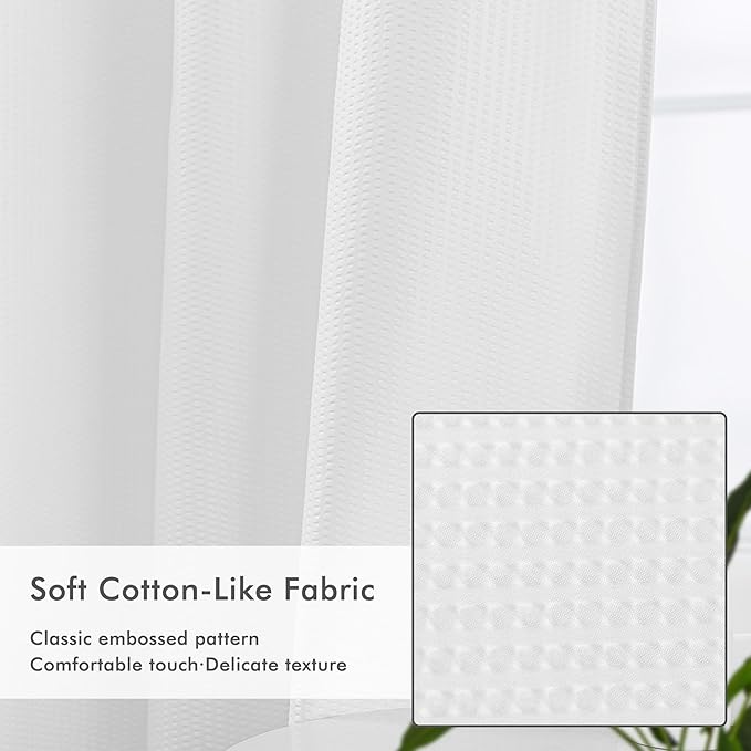 Mrs Awesome No Hook Shower Curtain with Snap-in Liner, Embossed Waffle Design Fabric Shower Curtain for Bathroom, Soft & Lightweight, 71x86, White