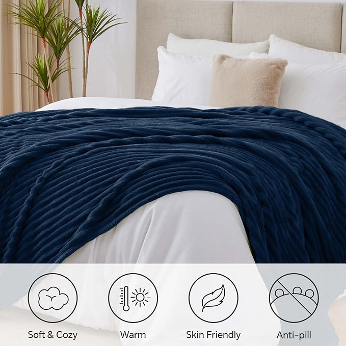 BEDELITE King Size Blanket for Bed, 300GSM Soft & Warm Fleece Blanket, Decorative and Giftable Striped Navy Blankets for Women, Men, 108"x90"
