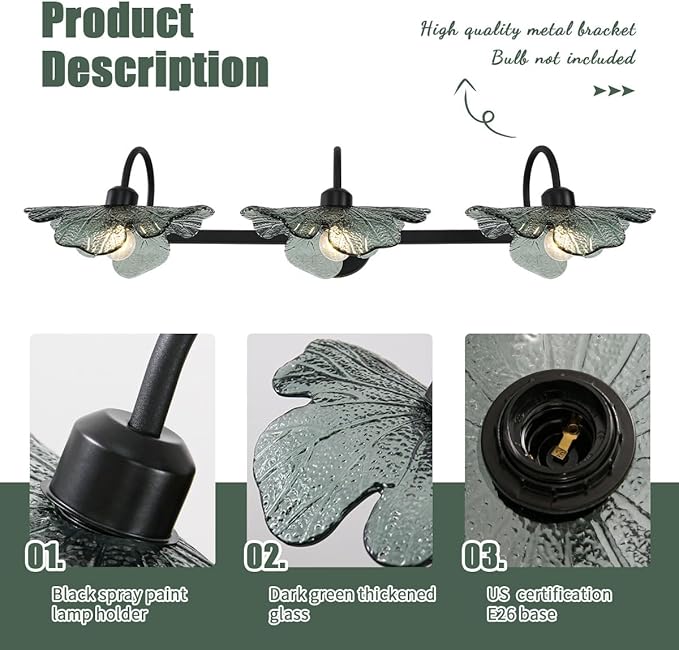 Black Bathroom Vanity Light mid Century Wall Sconce 3-Light Bathroom Wall Light Wall lamp with Dark Green Glass Shade Mirror Black Vanity Light Over Mirror for Bedroom Hallway Living Room
