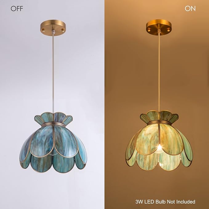 Flower Glass Pendant Light Vintage Kitchen Hanging Lamp Lotus Ceiling Lighting Fixture for Kitchen Island Dining Room Living Room Entryway Balcony etc.UL Listed Mixing Blue Green