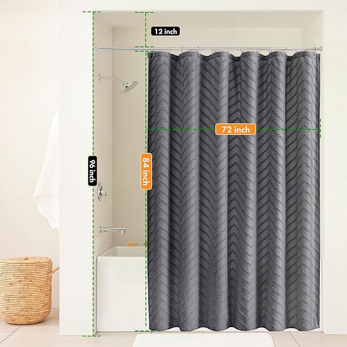 Extra Long Grey Boho Shower Curtain 84 Inch Grey Tufted Chevron Striped Fabric Shower Curtains for Bathroom Modern Shabby Chic Waterproof Cloth Shower Curtain Set with Hooks