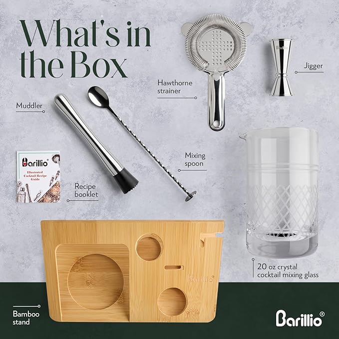 Barillio 20 Oz Crystal Cocktail Mixing Glass with Bamboo Stand & Bar Tools | Seamless Lead-Free Crystal, Weighted Base Stirring Pitcher | Including Muddler, Mixing Spoon, Jigger and Strainer