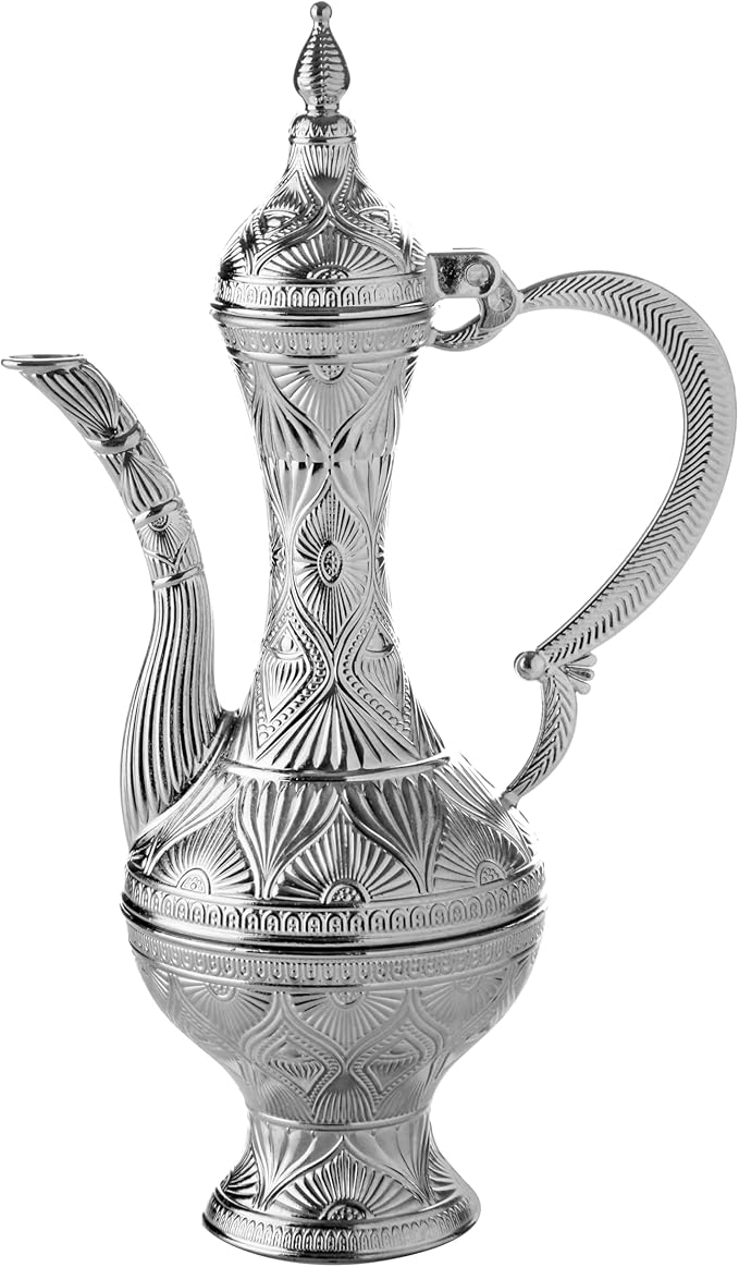 Alisveristime Small Decorative Zamac Ewer – Miniature Ottoman-Inspired Ornate Pitcher with Lid for Home Décor (8.27” x 4.72” x 2.76”) (Silver)