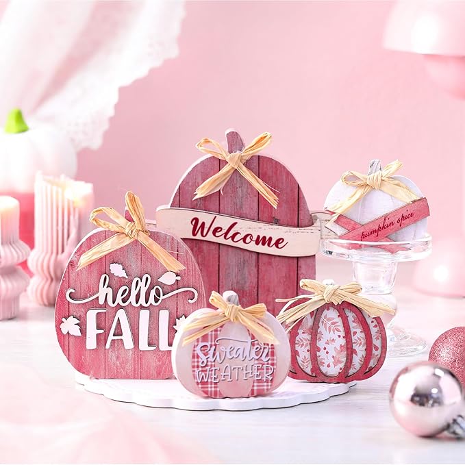 5 Pcs Fall Pink Pumpkin Decor for Home Thanksgiving Wooden Table Centerpiece Decorations Fall Wooden Pumpkin Signs for Autumn Farmhouse Home Living Room Kitchen Mantle Tabletop Supplies