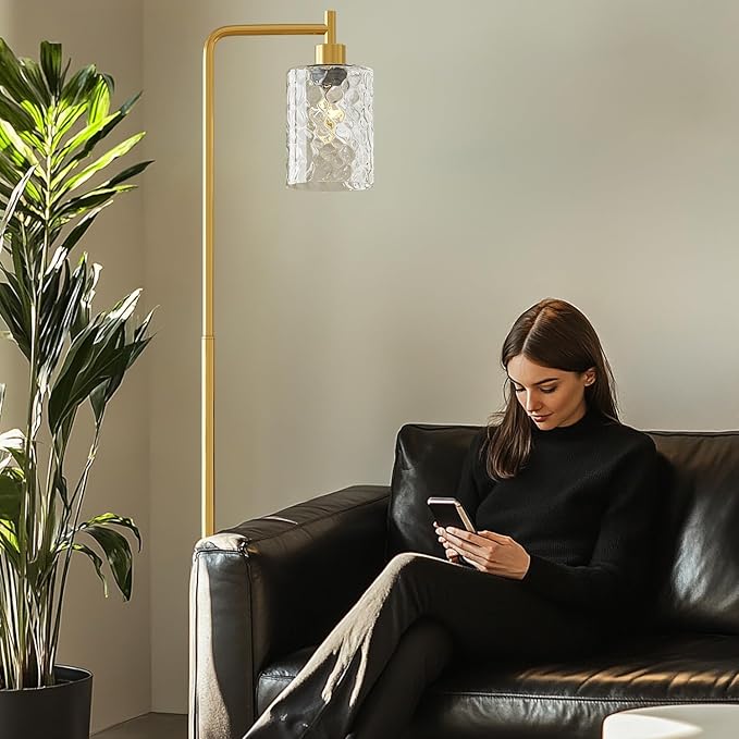 Oneach 66" Gold Floor Lamp for Living Room, Industrial Floor Lamp with LED Bulb, Glass Shade, Foot Switch, Morden Tall Farmhouse Standing Lamps for Bedroom, Office, Study Room