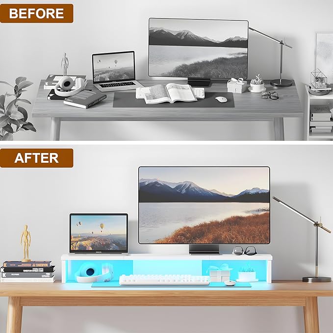 Dual Monitor Stand Riser for Desk with LED Lights, Large Computer Monitor Stand for 2 Monitors, Desk Shelf for Top of Desk, Desktop Organizer for Computer, Laptop, Printer, TV