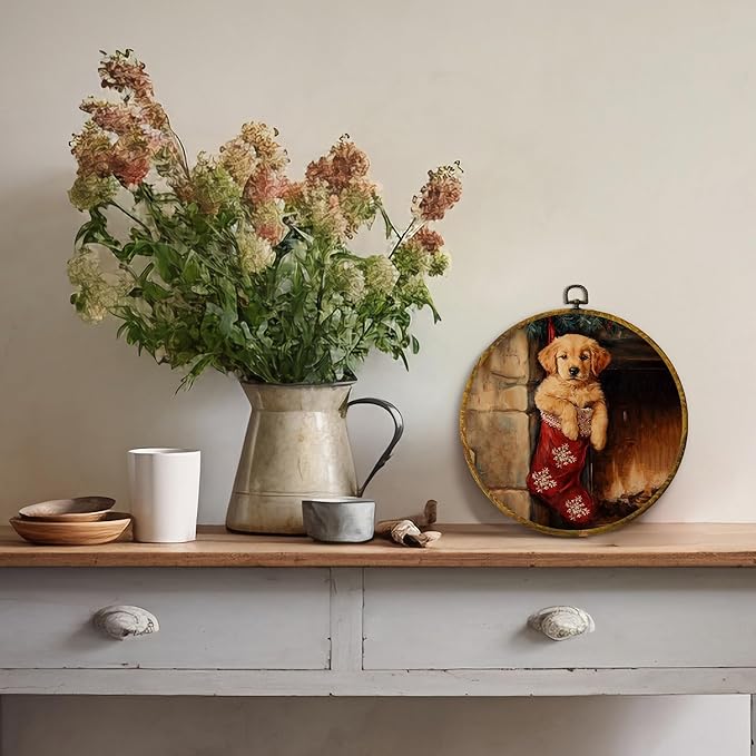 QZQE Vintage Christmas Golden Retriever Round Wall Art Decor Framed, Christmas Dog Circle Canvas Prints, Moody Winter Xmas Dog Stocking Circular Wall Hanging Decor for Home Bedroom, 10x10 Inch