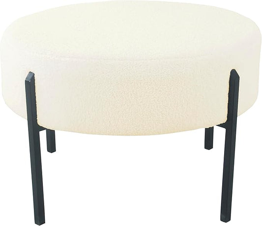 HomePop Modern Metal Sherpa Round Ottoman Home Décor Upholstered Round Foot Rest Ottoman - Cream