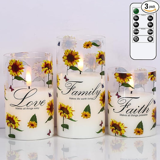 DRomance Sunflower Glass Flameless Candles Battery Operated with Remote and Timer LED Flickering Pillar Candles Real Wax 3D Wick Dinner Holiday Decor 3 x 4, 5, 6 Inches
