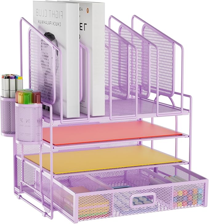 Marbrasse Desk Organizers, 4-Tier Mesh Desk File Organizer with 5 Vertical File Holders and 2 Pen Holders, Multifunction Desktop Organizer,Desk Organizers and Accessories for Home Office (Purple)