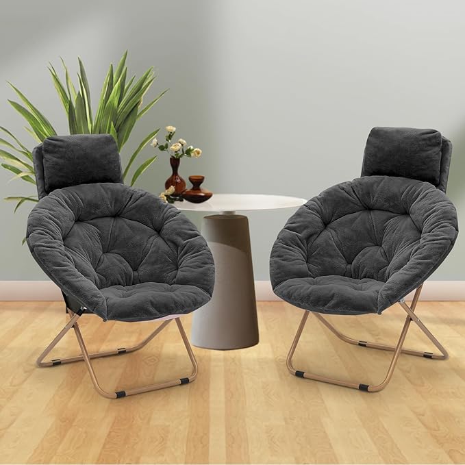 Athena Collection Comfy Saucer Chair with Headrest Oversize Round Cozy Chair Folding Chair Faux Fur Metal Frame Foldable Reading Chair Accent Chair for Bedroom Living Room, Black