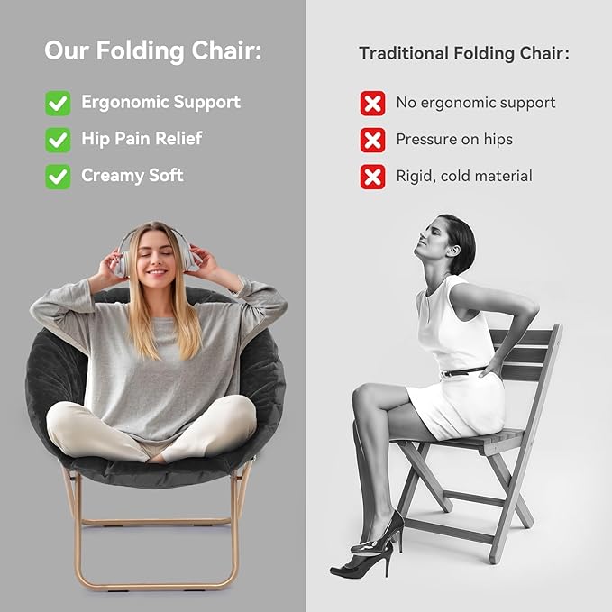 Magshion Saucer Chair for Adults, Comfy Living Room Lounge Chair for Bedroom Corner, Dorm, Apartment, Faux Fur Fluffy Circle Accent Seat with Thick Padded & Folding Metal Frame (Black)