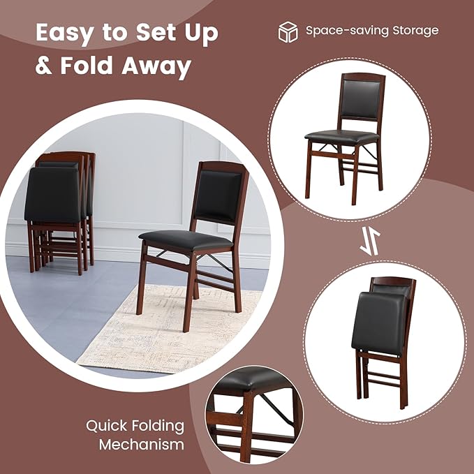 COSTWAY Folding Dining Chairs Set of 4, Wooden Kitchen Side Chairs w/Padded Seat, Solid Wood Frame, 400 LBS Load Bearing, No Assembly Needed, Vintage Foldable Chairs for Dining Room, Living Room