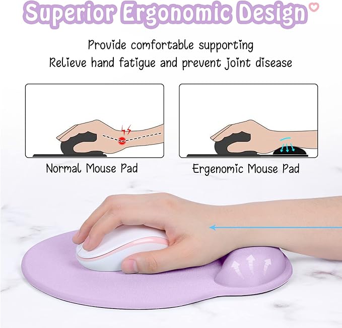 Hsurbtra Ergonomic Mouse Pad with Wrist Rest Support, Gel Mouse Pads with Non-Slip PU Base, Pain Relief Memory Foam Computer Mat, Cute Office Supplies Desk Decro Accessories, Vanilla Purple