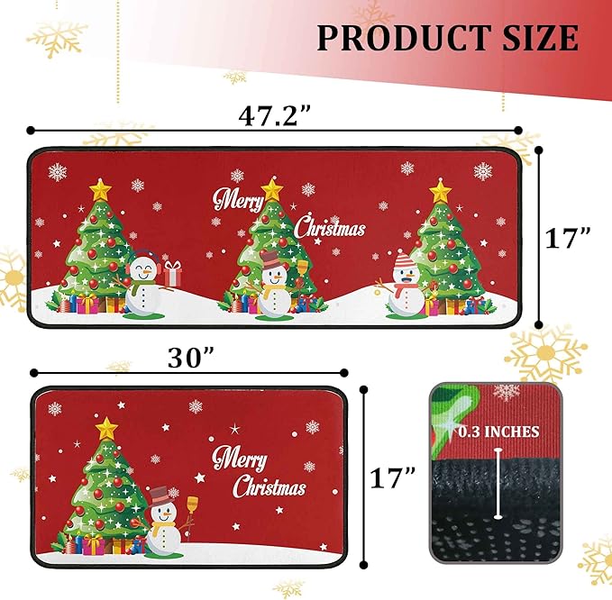 Christmas Kitchen Rug Set (2 PCS), Merry Christmas Snowman Indoor Kitchen Mat for Winter, Xmas Door Mat Runner Rug Mat for Kitchen Home Decor (17"x47"+17"x30",Snowman)