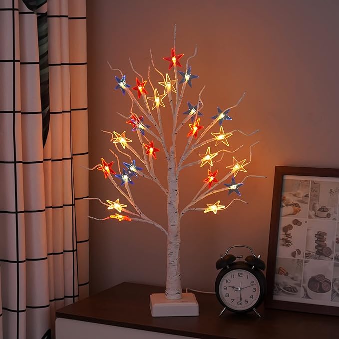 4th of July Patriotic Decorative DIY Artificial Tree Lamp, 24 LED Birch Tree Lights, Battery/USB Operated Fourth of July Independence Day Lighted Tree for Home Table Party Decor（Colorful）
