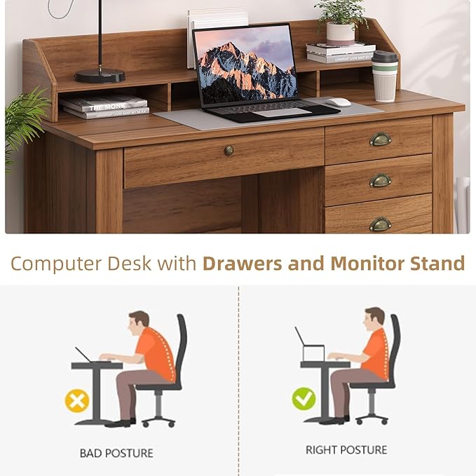4 EVER WINNER Wooden Desk with Drawers, Small Desk with Monitor Stand and File Drawe, Office Desk with Drawers for Bedroom Small Spaces, Walnut