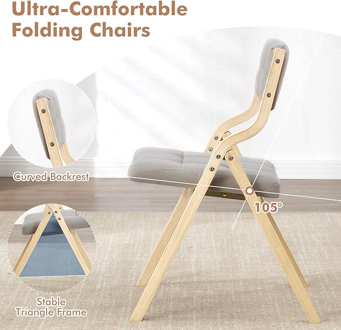 2-Pack Folding Dining Chairs with Cushion,Padded Foldable Dining Chairs,Portable Wooden Folding Chairs for Dining Rooms Kitchen Wedding and Party Indoor LIGHTGREY