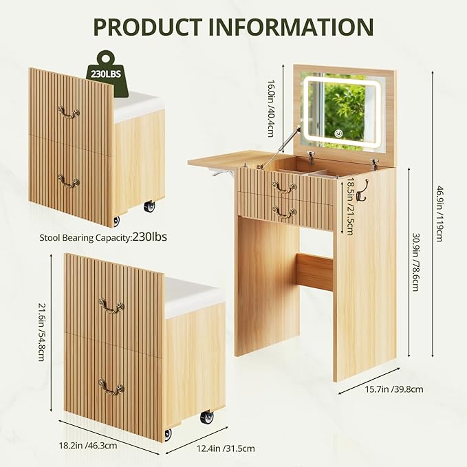 FURSUN 3-in-1 Vanity with Flip Mirror & Lights, Fluted Compact Vanity Table with 3 Drawers, Storage Compartment and Rolling Stool, Modern Small Makeup Vanity for Bedroom, Powder Room, Natural Oak