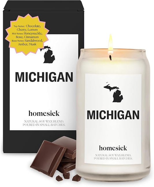 Homesick Scented Candles for Home (Michigan) - 13.75 oz Long-Lasting Soy Wax Jar Candle for Women & Men for All Occasions, 60-80 Hours Burn Time - Notes of Chocolate, Cherry & Lemon