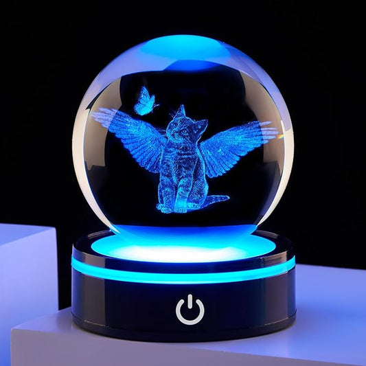 3D Crystal Cat and Butterfly Figurines Ball with Colorful Light Base, Meaningful Gifts for Women Men,Birthday Gifts for Cat Lover, Animal Collection for Home Decor