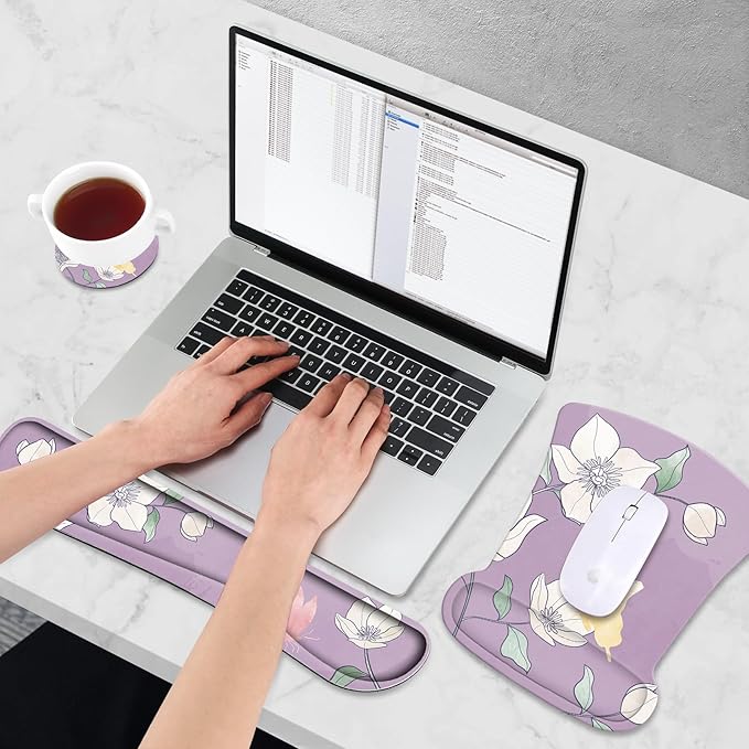 AIMSA Ergonomic Mouse Pad with Wrist Rest and Keyboard Wrist Rest, Ergonomic Memory Foam Wrist Support for Mouse and Keyboard, Easy Typing, Pain Relief, Purple Flower