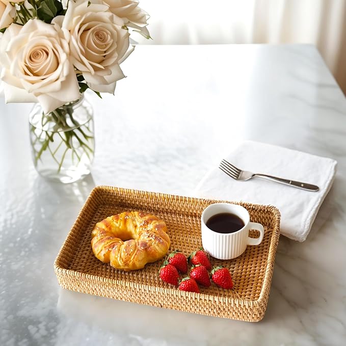 Wicker Storage Basket, Rattan Tray Rectangular for Bathroom Living Room, Decorative Serving Woven Trays Wicker Baskets for Organizing, Woven Seagrass Tray for Storage Home Decor L(14.6" × 9.1")