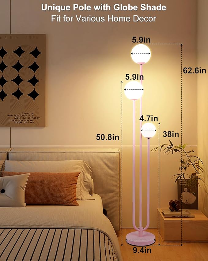Lightdot 63IN Pink Floor Lamp Mid Century Modern Floor Lamp with 3 Globe Soft Warm White 3000K Bulbs, 3 Lights U-Style Standing Lamp for Wedding Party/Living Room/Bedroom