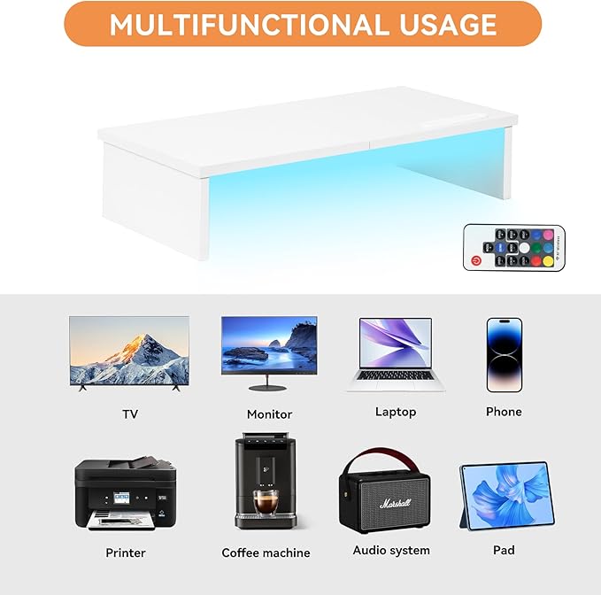 21" Monitor Stand Riser with LED Lights and Phone Holder, Monitor Stand for Desk, Computer Monitor Stand, Desk Shelf for Top of Desk, Desktop Organizer for Laptop, Printer, TV