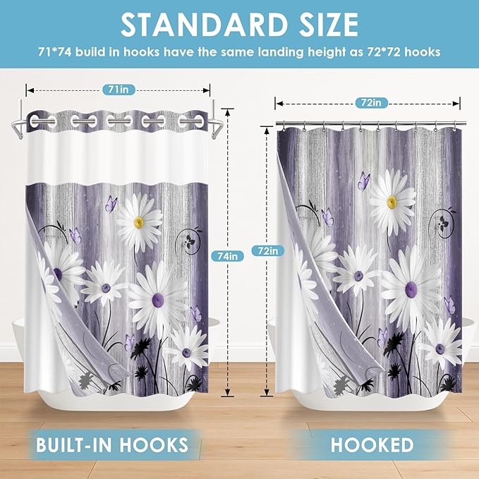 No Hook Flower Daisy Shower Curtain with Snap in Fabric Liner Set, Purple Wooden Boards Double Layers Waterproof Fabric with See Through Top Window Open Grommet Bath Curtain 71x74 Inch