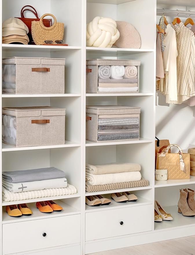 StorageWorks Storage Bins with Lid and Clear Window, Fabric Storage Boxes with Lids, Stackable Basket for Shelves, Closet Organizer and Storage Bins, Brown and Beige, Jumbo, 4-Pack