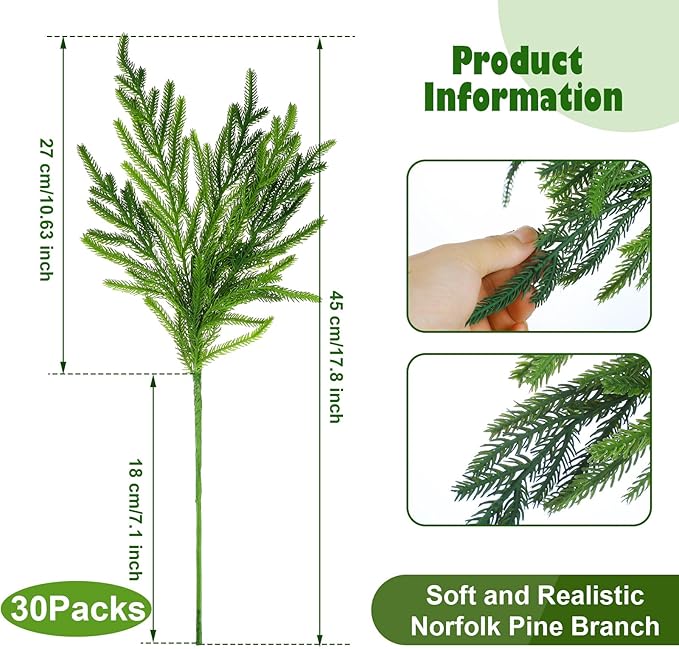 Jutom 30 Pcs 18 Inch Christmas Norfolk Pine Branches, Lifelike Bendable Non-Shedding Greenery Stems Faux Pine Picks for Christmas Mantel Centerpiece Garland Wreath and Holiday Decor