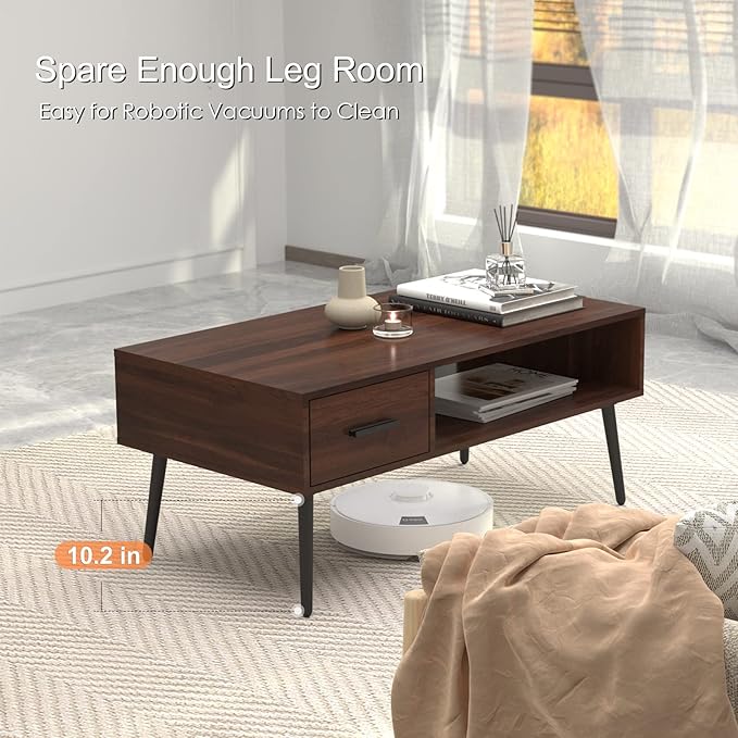 HAIOOU Coffee Table, Mid Century Modern Center Table for Living Room with Storage, Walnut Tea Table with Drawer, Open Storage Shelf, Floor-Anti-Scratching Pine Leg for Home, Office(Dark Brown)
