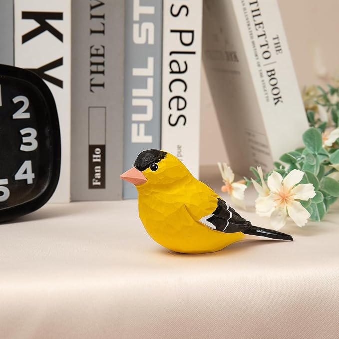 Handmade Wooden Goldfinch Figurine – Yellowbird Home Decor, Cute Wild Canary Knick-Knack for Bird Lovers, Unique Gift for Women, Mom, Friends – Rustic Nature Home Ornament