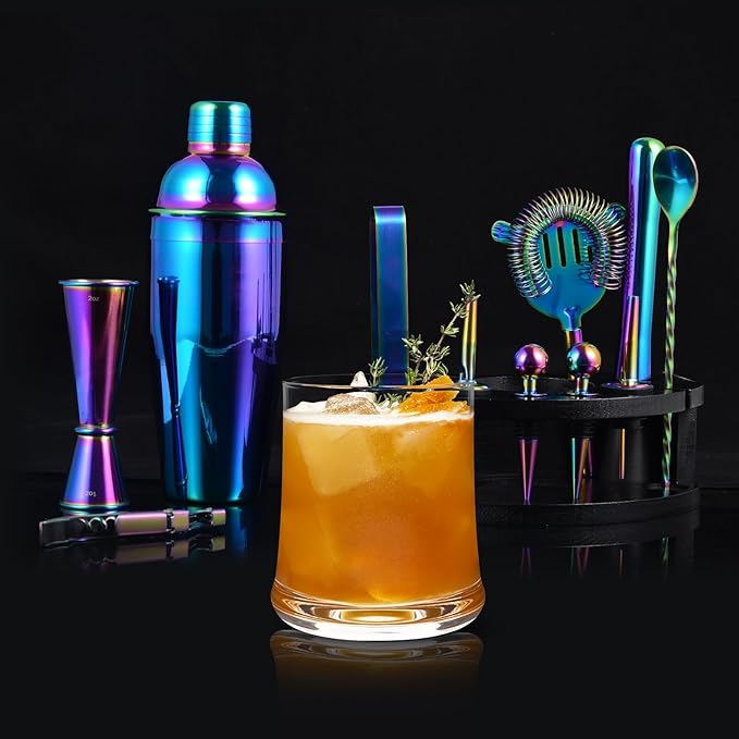Bartender Kit with Stand, 12-Piece Bar Set | 24oz Cocktail Shaker Set for Drink Mixing, Martini Shaker Set with Bar Tools, Recipes Booklet | Fun Housewarming Gift (Rainbow)