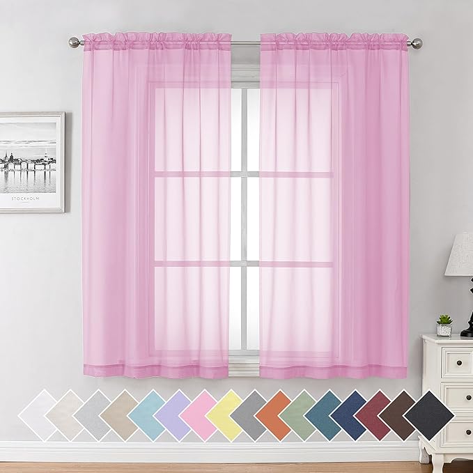 Aiyufeng Light Pink Sheer Curtains 63 Inch Length 2 Panels Set, Semi Transparent Voile Rod Pocket Sheer Window Drapes for Bedroom Bed Canopy Living Room Dining Wedding Party Backdrop, 40W x 63L inch