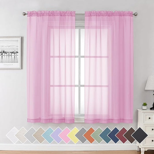 Aiyufeng Light Pink Sheer Curtains 63 Inch Length 2 Panels Set, Semi Transparent Voile Rod Pocket Sheer Window Drapes for Bedroom Bed Canopy Living Room Dining Wedding Party Backdrop, 40W x 63L inch