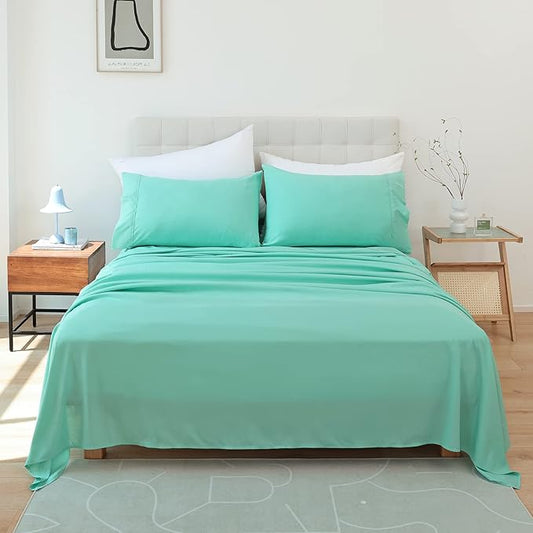 Whitney Home Textile King Size Sheets Set, Soft Microfiber Hotel Bed Sheets King Size, Extra Deep Pocket, Luxury Breathable Bedding Sheet & Pillowcase Sets, 4 Piece Wrinkle Free Oeko-Tex, Aqua
