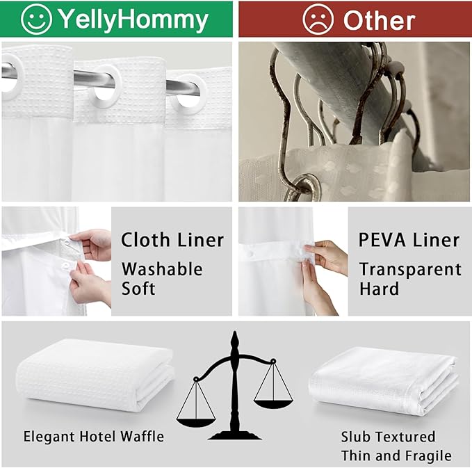 YellyHommy No Hook Shower Curtain with Snap in Fabric Liner Set Less Time White Waffle Shower Curtain for Bathroom 75" L x 54" W